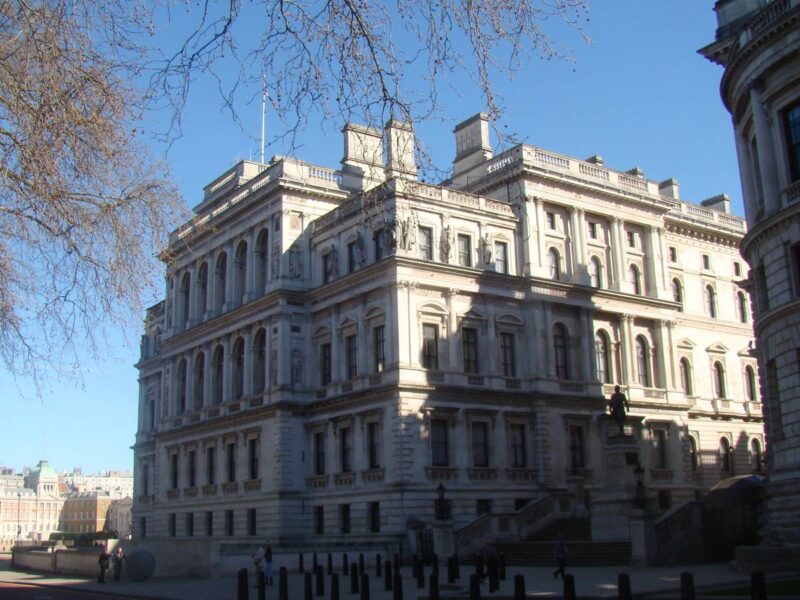 The HM Treasury building in Westminster, seen from Horse Guards Road