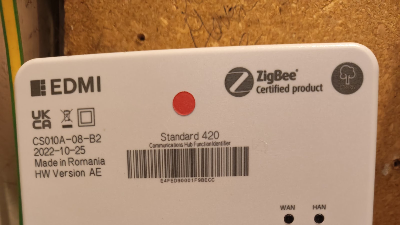 A smart meter communications hub fitted in a UK home, the unit that sends meter readings to the supplier